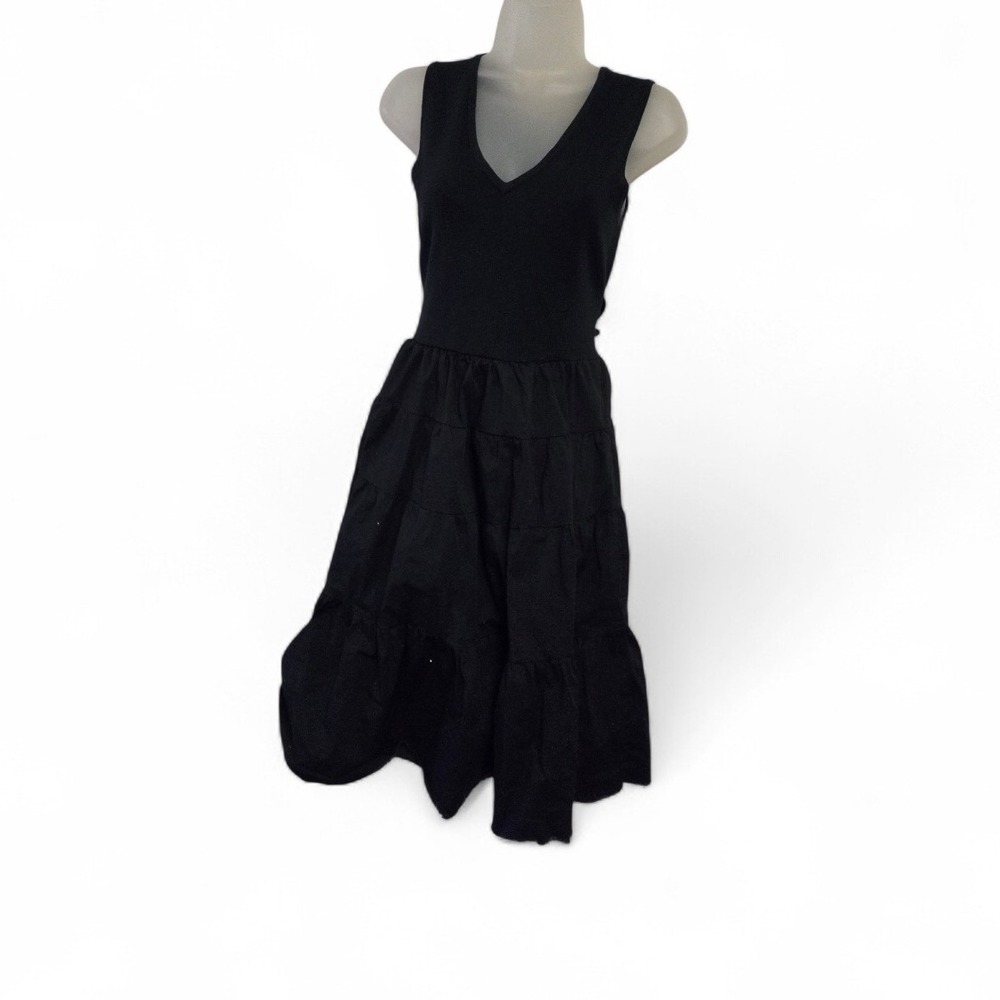 Jason Wu Black Sleeveless‎ Mixed Media Tiered Midi Dress Raw Hem Belted